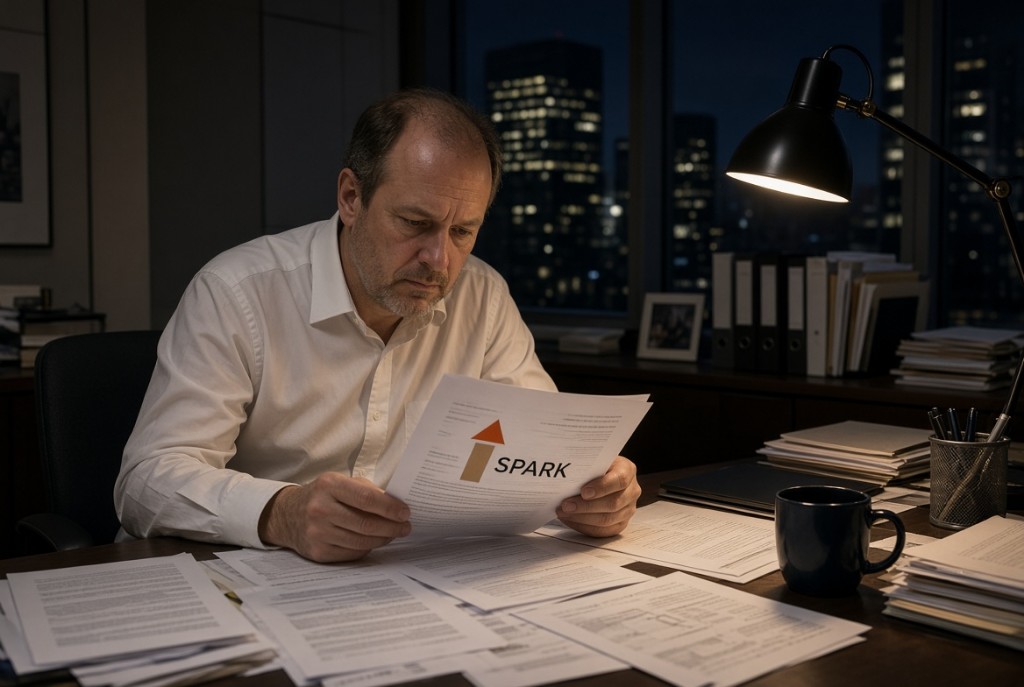 A founder reviewing Project Spark protocol documents late at night